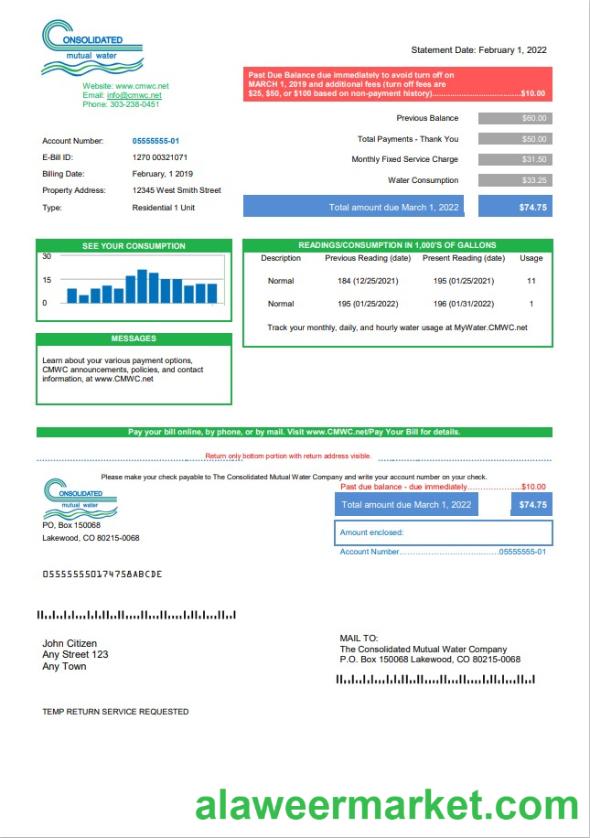 USA Consolidated Mutual Water utility bill template in Word and PDF format
